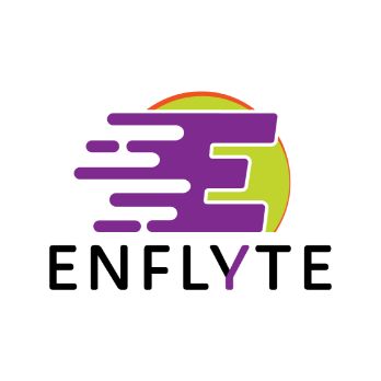 Logo for ENFLYTE featuring a stylized, fast-moving purple E with motion lines over a green circle with an orange border. The letter Y in ENFLYTE is highlighted in purple.