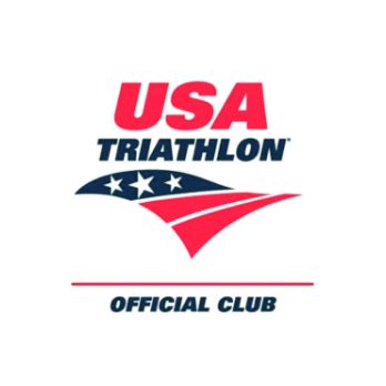 Logo for USA Triathlon Official Club, featuring red and blue text, three white stars, and a stylized flag design.